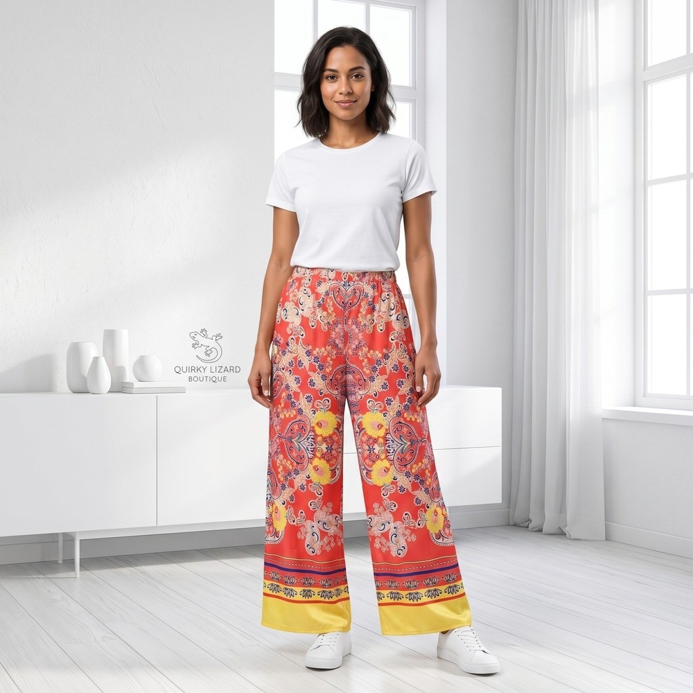 JM Collection Wide‎ Leg Pants Womens Medium Coral Paisley Floral Boho Print NWT - Picture 2 of 15